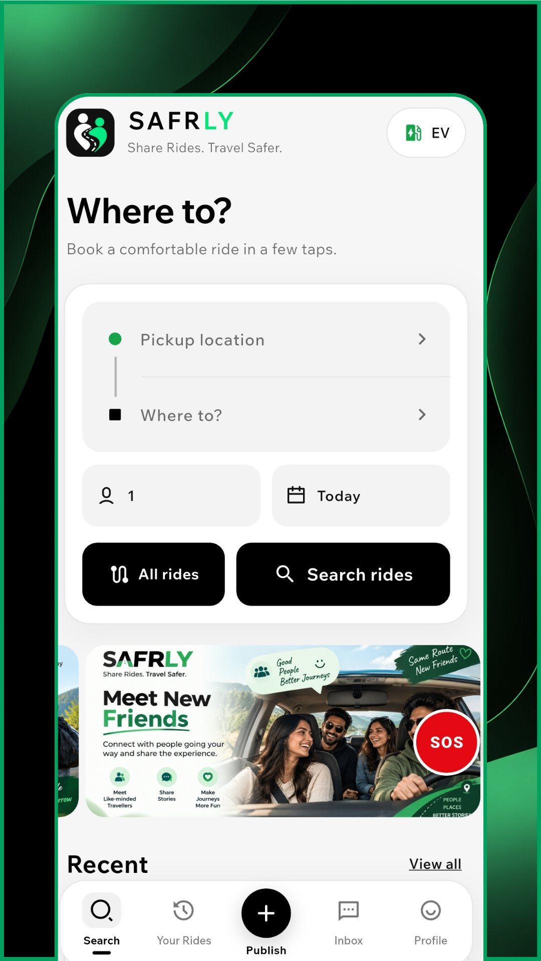 Safrly app home screen – search rides